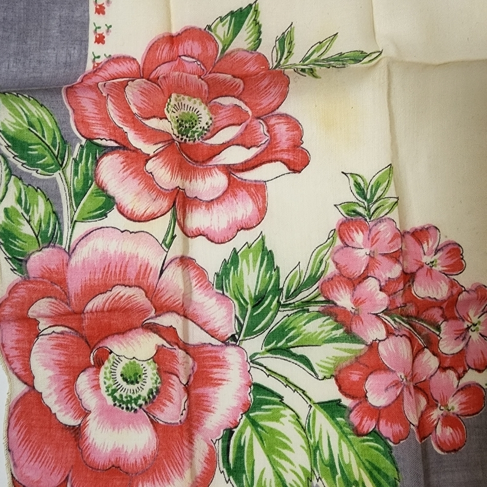 Blue Border Red Pink Floral handkerchief Hanky Partial Scalloped Border - Picture 3 of 5